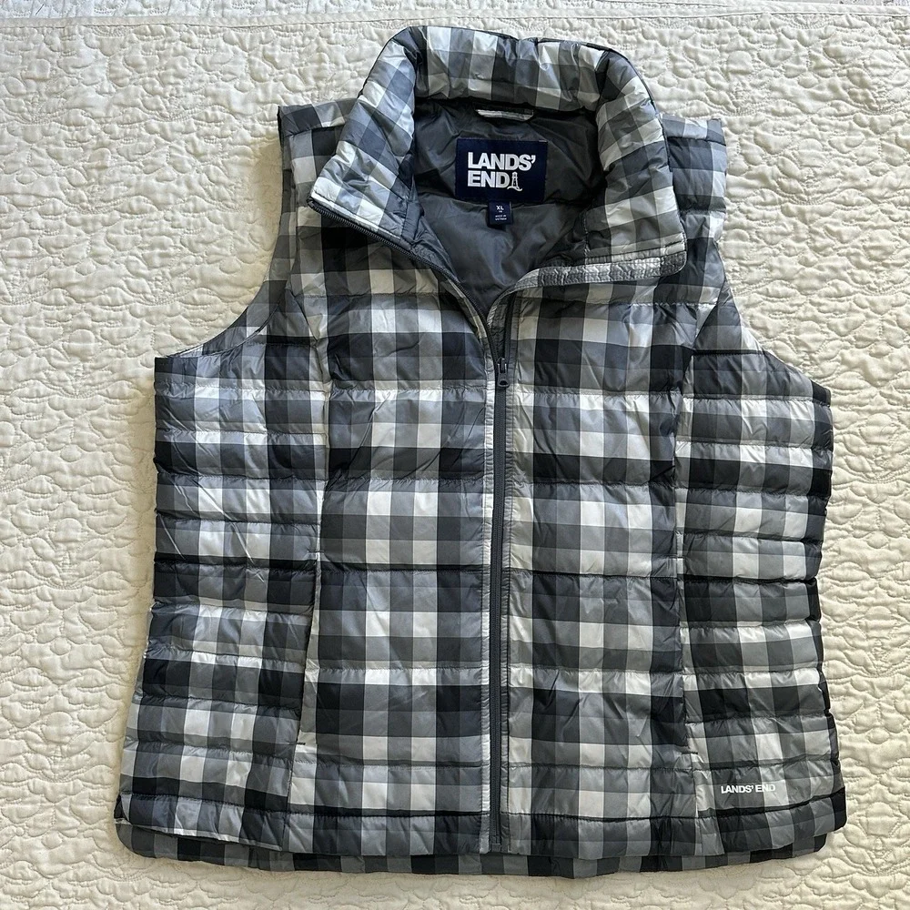 Lands End Plaid  Down Feather Fill Puffer Vest Women's XL Full Zip Winter‎ Snow